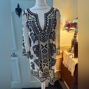 Alice + Olivia Lowell Embroidered Caftan Tunic Mini Dress Black Yellow nwot  XS